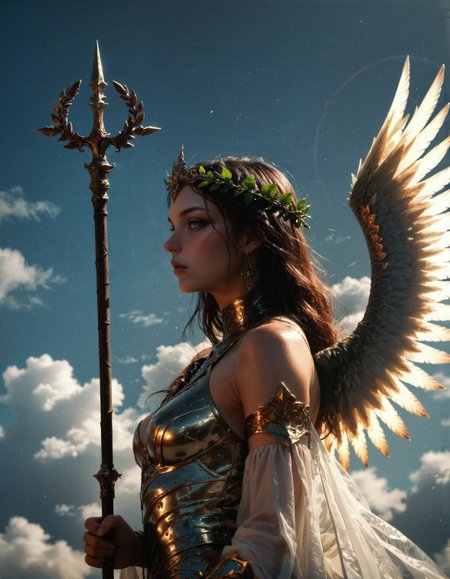 score_9, score_8_up, score_7_up, score_6_up, score_5_up, score_4_up,  1girl, valkyrie in gorgeous armor is holding a spear in hand, (side view, solo:1.1), standing, golden laurel wreath crown, goddess, pale skin, beautiful face, armored dress, wings, looking at viewer, cloudy sky, holy light, light from clouds, fantasy theme