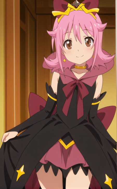 masterpiece, best quality, highres, newest, 1girl, solo, official style, anime screencap, <lora:Black_Magical_Girl:1>, blackmagicalgirl, magical girl, black dress, bow, pink hair, brown eyes, looking at viewer, smile, indoor, cowboy shot