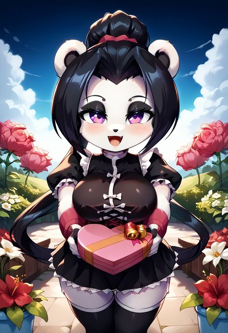 score_10 , score_9_up, score_8_up, score_7_up , score_6_up, vibrant colors, shiny_skin , prefect lighting, detailed image, snoozing , masterpiece , best quality , highly detailed , ultra quality , BREAK , source_anime , anime , anime style , 
1girl , (young anthro panda , furry female , big breasts , fur skins, panda skin , White fur , black fur , purple eyes , long ponytail black hair , Center Part front hair , forehead , pawpads , white tail , curvy ,  thicc , cute , shortstack) ,, detailed face , bedroom eyes,  blushing, smiling , (hearts) ,, (black clothes , white clothes , shirt) , lace-up corset top , ruffled puff sleeve , Mini skirt , thigh highs , 
<lora:heart-shaped-box-ponyxl-lora-nochekaiser:1>, heart-shaped box, holding, box, gift, valentine, incoming gift, outstretched arms, outdoors, night sky, clouds, shouting, 
looking at viewer, detailed background, outdoors, garden, flower field, flower pots, plant pots, tree, cinematic composition, dynamic pose,