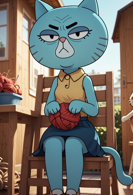 score_9, score_8_up, score_8,    <lora:Mary_Senicourt_The_Amazing_World_of_Gumball_for_PonyXL:0.8> 1girl, animal ears, cat girl, m4ry, old, black eyes, cat ears, skirt, sleeveless shirt, BREAK
outside, front porch, knitting, yarn, sitting, wooden chair,