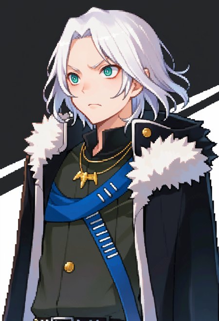 score_9, score_7_up, source_anime, solo, BREAK  <lora:zs_DevilSurvivorPortraitsXL:1> devilsurvivorportraits, portraits, white background, male focus,, 1boy, teal eyes, tsurime, parted bangs, white hair, medium hair, straight hair, shoulder-length hair, coat, shirt, pants, studded belt, multiple belts, combat boots, torn clothes, necklace, black coat,