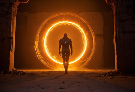 epic, cinematic shot, movie still from Dune movie cyborg humanoid (from behind) wearing rag torn coat walking into (portal to other dimension surrounded by energy field and:1.4) emitting orange light on the edges, (warping time and space:1.2), (futuristic technology:1.2), rubble, stone, (shiny metal statues, metal wires, ancient artifacts:1.5), (glass wood and metal elements covered in dust and dirt:1.3),  sand, very detailed, wide angle, absurd art,  (cyborg, robot, electronics, plasma:1.3), 
<lora:add-detail-xl:0.9>,
<lora:b3ks1n:0.6> b3ks1n,
<lora:JuggerCineXL2:0.8> Film Still, Cinematic, Cinematic Lighting,
<lora:Dune_Movie_Loha2:0.2> Dune, directed by Denis Villeneuve, cinematic, movie, futuristic, sci-fi,
<lora:xl-shanbailing-1003fire:0.5> fire element,
