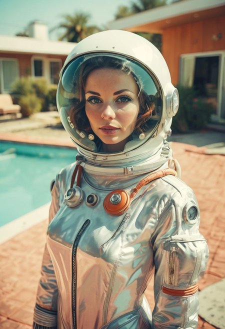 closeup portrait of a female cosmonaut wearing a retro-futuristic cosmonaut spacesuit standing by the pool of their (mid-century modern style home:1.2) facing the camera frontally looking at the camera, frontal shot, quirky and whimsical feel