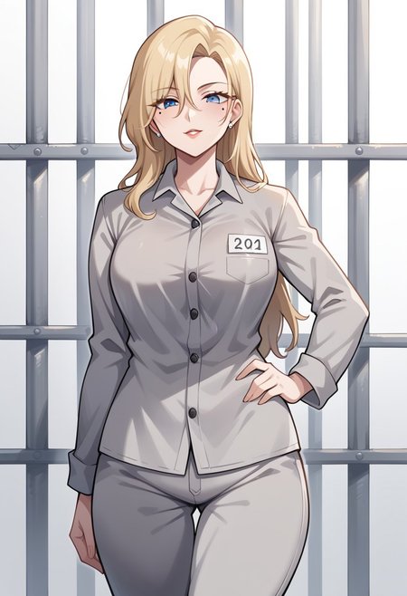 score_9, score_8_up, score_7_up, score_6_up, 1girl, solo, BREAK hirokosmtii, long hair, blonde hair, mole under eye, blue eyes, Prison clothes, gray uniform, pants, name tag, outdoors, cowboy shot, hand on hip, mature woman, looking at viewer, evil laught