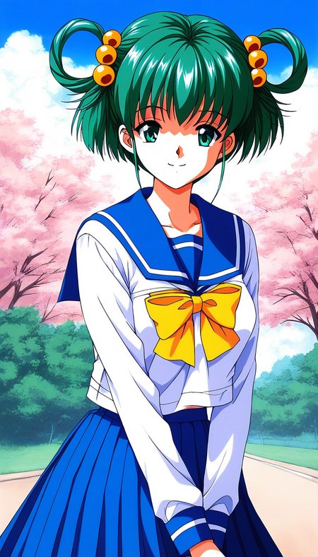 score_9, score_8_up, score_7_up, source_anime, rating_explicit, BREAK  <lora:Tatebayashi_Miharu_XL:1> TatebayashiMiharu, hair rings, hair ornament, Yellow bobbles, green hair, bangs, short hair, green eyes, medium breasts, 
solo, school uniform, skirt, long sleeves, pleated skirt, 1990s (style), blue skirt, serafuku, yellow bow, smile, 
looking at viewer, bow, sailor collar, standing, shirt, blue sailor collar,
outdoor, day, sky,