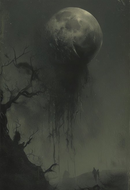 the moon hangs like a cruel portrait, novuschroma38, detailed, high resolution, eerie, atmospheric, foreboding, unsettling