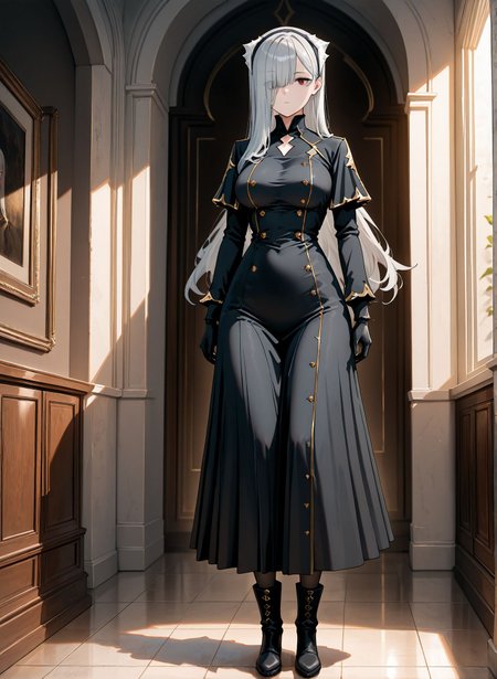 masterpiece,best quality,amazing quality,very aesthetic,absurdres,newest, huge filesize,
<lora:spo_sdxl_10ep_4k-data_lora_webui:0.5>,<lora:add-detail-xl:0.7>. 
1girl,
standing, full body, 
<lora:DanMachi_Heith_Velvet__Freya_Syr__Horn__Ryuu:1>
long hair,solo,
hair over one eye, 
grey hair,   expressionless,  long skirt,
white hair band,black gloves,boots,full black clothes,
medium  breasts,D_Horn,D_Heith Velvet,