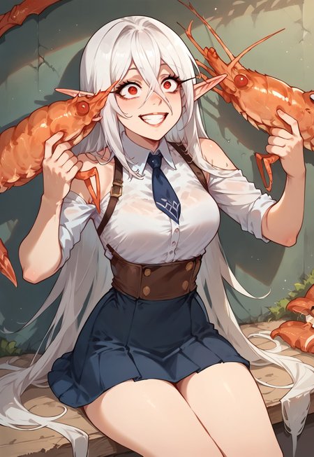 score_9, score_8_up, score_7_up, score_9, score_8_up, solo, 1girl, dwoc_aria, elf ears, red eyes,white hair, hair between eyes, long hair, Expressiveh, shrimp, 
holding two shrimps legs, holding weapon, dual wielding,
smile, grin, crazy eyes, skirt