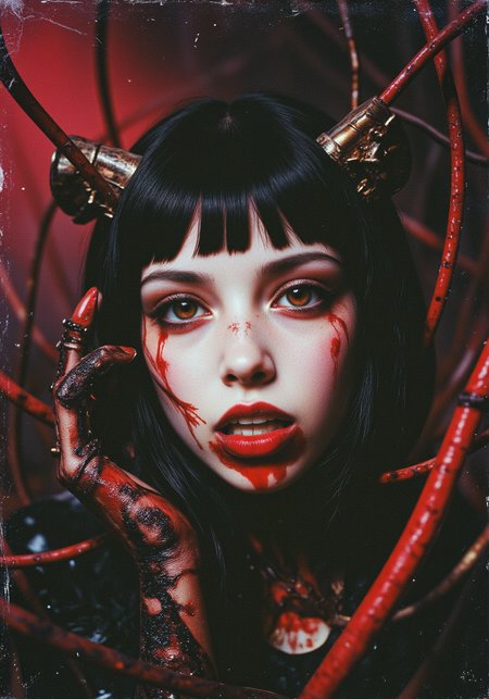 A realistic depiction of a biomechanical vampiress, ravenous and half-mad, with short, straight bob-styled hair. Her makeup is smeared, creating a haunting, blurred effect around her eyes, and her chin is smeared with fresh blood. Her skin is pale, almost porcelain-like, with areas where flesh merges with metallic and organic elements: gears, pipes, and wires protrude from beneath her skin, creating a terrifying contrast between the human and the mechanical. Her eyes burn with a bright red glow, and her lips are slightly parted, revealing sharp fangs.

She stands in semi-darkness, surrounded by biomechanical structures reminiscent of H.R. Giger’s works: pulsating veins, metal spikes, and organic forms that twist and writhe around her. In the background, a dark, industrial landscape stretches out, with a foggy, blood-red sky. Every detail—from the texture of her skin to the blood droplets on her chin and the biomechanical elements—is rendered in hyper-realistic detail, creating an atmosphere of horror, madness, and dark beautye essence of both celestial elegance and a hint of the unexpected
aidmaMJ6.1     an expired film photograph of  style_of_fo9lk12o0