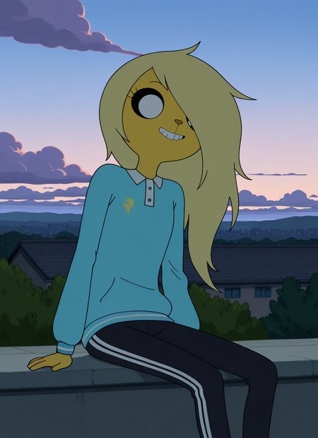 artist:, masterpiece, best quality, newest, very awa, absurdres, highres, advt, 1girl, brnv, grin, yellow skin, large eyes, button nose, skinny, blonde hair, black tracksuit, striped tracksuit, striped pants, black pants, sitting, roof, daytime, modern city, clouds, loking at viewer, detailed