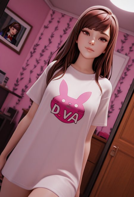 masterpiece, best quality, intricate details, detailed background, beautiful detailed, beautiful face, detailed eyes, detailed face, new, newest, ub3rstyl3, 1girl, solo, d.va, cowboy shot, looking at viewer, room, dutch angle, 