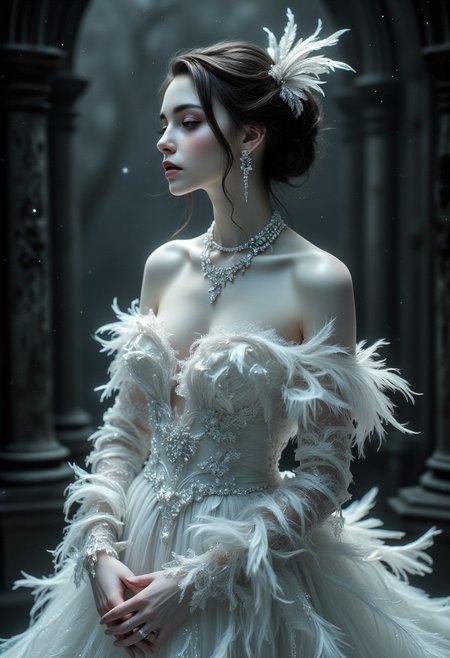 A gothic, high-contrast portrait of a noblewoman standing in a surreal and ethereal setting. She is adorned in a detailed, feathered white gown that contrasts elegantly with her porcelain skin, creating a sense of purity and mystery.
<lora:Dever_Flux_Enhancer:0.5>
<lora:midjourney_whisper_flux_lora_v01:0.65> Midjourney_Whisper
<lora:Midjourney_-_SemiReal_Dreams_FLUX_LoRA:0.65>
<lora:Dreamy_Illustrations_FLUX_LoRA-000001:0.65>