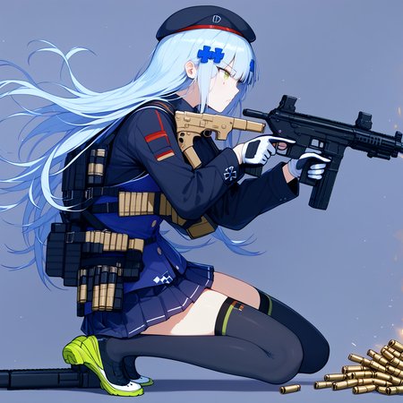 score_9, score_8_up, score_7_up, masterpiece, best quality, very aesthetic, absurdres,
 girls'_frontline hk416_(girls'_frontline) official_art assault_rifle beret black_thighhighs blue_hair colored_shoe_soles full_body gloves green_eyes gun h&k_hk416 handgun hat heckler_&_koch holding holding_gun holding_weapon long_hair looking_at_viewer magazine_(weapon) pleated_skirt rifle shoes outdside_background skirt solo tachi-e thighhighs  weapon  <lora:hk416.pony:1> hk416, def, 
1girl, aiming, anti-materiel rifle, assault rifle, bullet, bullet hole, bullpup, casing ejection, finger on trigger, firing, from side, gun, gun to head, h&k hk416, heckler & koch, holding, holding gun, holding weapon, looking away, magazine \(weapon\), one knee, scope, shell casing, 
solo, trigger discipline,