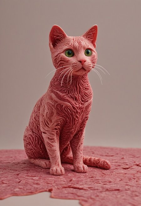 ((a cute chibby cat with big eyes made out of clay)), very detailed, 4k, sharp, eating rainbow wagyu meat made out of fractangles, novuschroma51 style, ((many meat bananas all over the place)), ((the meat is fake!))
