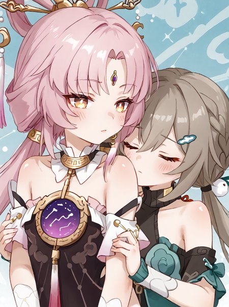 detailed background, shiny skin, posing, rating safe, 
<lora:fuqin.pony:1.0>,
fuxuan, qingque, 2girls, yuri,
 <lora:toku.pony:1>toku