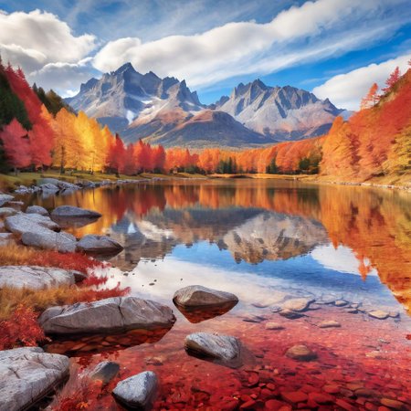 Create a serene autumnal scene that captures the essence of the season. The focus should be on a crystal-clear mountain lake reflecting the vibrant reds, oranges, and yellows of the surrounding foliage. Include majestic jagged mountain peaks in the background, set against a bright blue sky dotted with scattered clouds. In the foreground, detail the exposed rocks beneath the clear water, adding depth and realism to the composition
