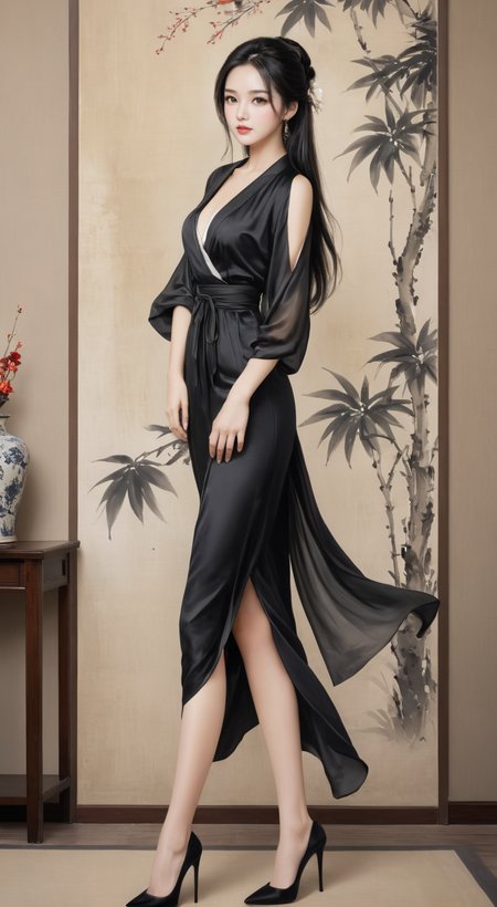 best quality,masterpiece,HDR,UHD,8K,best quality,<lora:ç»èè°æ´:0.8>,1girl,(ink painting),black hair,long hair,high_heels,black silk,