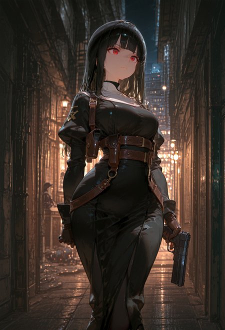 nsfw, masterpiece, best quality, amazing quality, ultra quality, very aesthetic, absurdres, incredibly absurdres, sophisticated, ultra shape, perspective, newest, blurry background, cinematic background, scenery, volumetric lighting, very awa, 1girl, nun, alley, backstreet, walking, holding handgun, cityscape, at night, beautiful night, dark night, shiny skin, curvy, voluptuous physique, beautiful face, (ultra-detailed eyes), medium breast, perfect hand, black hair, long hair, layered bangs, blunt bangs, red eye, leather gloves, shoulder holster, harness, serious, cinematic lighting, 
expressiveh, usnr, masterpiece, best quality, very aesthetic, absurdres, amazing quality, perfect hands, best hands, perfect anatomy, perfect proportion, extremely detailed face, extremely smooth skin, extremely detailed eyes
