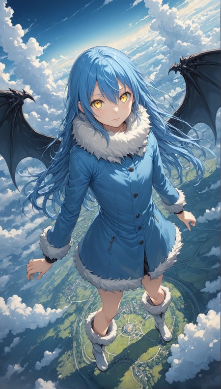 tsepmet_urumir_xl, rimuru tempest, wings, long hair, blue hair, solo, hair between eyes, fur trim, white fur collar, fur trimmed jacket, looking at viewer, full body, demon wings,
outdoors, (floating:1.2), cloudy sky, from above, depth of field, dutch angle, fur trimed boots,
(masterpiece, best quality:1.2), detailed Illustration, official artwork, wallpaper, official art, extremely detailed eyes and face, beautiful detailed eyes, yellow eyes,
<lora:Rimuru_Tempest_Character_XL:1>
<lora:IOS_Iridescent_opal_style:0.6>