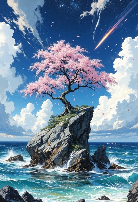 A lone, weathered rock rises from the depths of a serene, cerulean ocean, its rugged surface a canvas for a majestic, feminine sakura tree, its delicate branches stretching towards the heavens like a ballet dancer's arms, as if in a dramatic, ethereal pose. Soft, pink sakura petals dance upwards, carried by an unseen breeze, their delicate forms dissolving into the sky like whispers of a secret. Below, the waves caress the rock, their gentle lapping a soothing melody that belies the sense of foreboding that hangs in the air. A dark, blazing comet streaks across the horizon, its fiery trail a harbinger of mystery and wonder. The sky above is a brilliant blue, with puffy white clouds scattered like cotton candy, and the ocean's surface is a mirror to the heavens, reflecting the beauty above with perfect symmetry. This is a world of dreams, where the surreal and the fantastical blend seamlessly, where the boundaries between reality and fantasy blur, and where the beauty of nature is elevated to an art form. It is a place of wonder, of awe, and of mystery, where the viewer is drawn in, like a moth to a flame, and cannot look away.