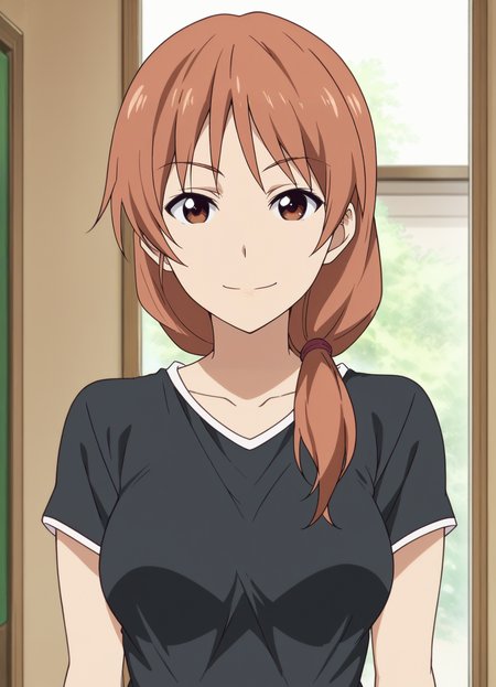 <lora:Yoshie_Hanabatake-Aho_Girl:0.9>,mm,mature female,1girl,solo,long hair,brown hair,brown eyes,hair over shoulder,breasts,shirt,upper body,looking at viewer,indoors,smile