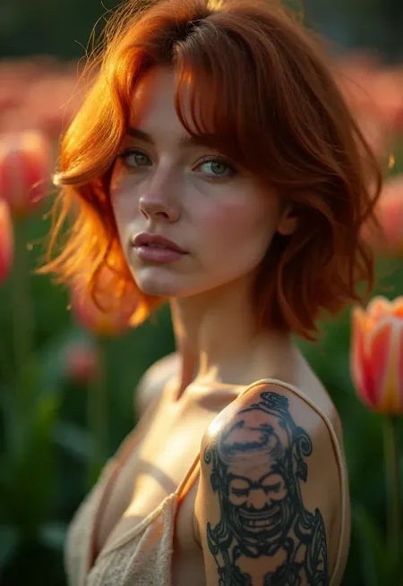 RAW full body analogue photo of a beautiful 25 years old woman, clear focus, high resolution image, beautiful auburn haired woman, ,perfect face, sexy pose, wearing Samurai Tattoo, perfect eyes, detailed eyes, detailed iris, realistic skins absolute perfect tits, soft tits, natural tits, (short-hitop-fade-haircut:1.3),,high quality, film grain, Fujifilm XT3, 8k uhd, dslr, film grain, kodak tri-x 400 film, grain photo DOF, faint lighting, dynamic angle, cinematic, Depth of field, bokeh, best quality, cinematic, light particles, highly_detailed, very_aesthetic, golden hour, beautiful_and_aesthetic ,Sexy pose, erotic pose, exhibitionism, ,Tulip field