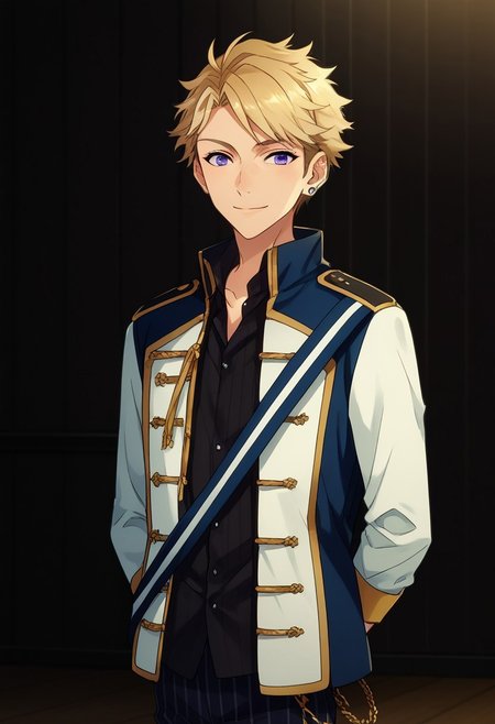 score_9, score_8_up, score_7_up, source_anime, highly detailed, 

narukami, male focus, 1boy, solo, smile, upper body, blonde hair, striped,
striped pants,  pants, pinstripe pattern, purple eyes, earrings, jewelry, 
jacket, vertical stripes, standing, knights uniform,

indoor, stage