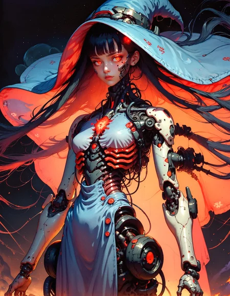 score_9, score_8_up, score_7_up,  embedding:zPDXL, 1girl, solo, breasts, very long hair, bangs, wizard, wizard robe, magical, galactic, black hair, red eyes, closed mouth, weapon, small breasts, blunt bangs, medium hair, looking at viewer, floating hair, expressionless, glowing eyes, science fiction, android, cable, mechanical arms, cyborg, robot joints, mechanical parts, tube, spine, black background  <lora:pony/twilight_style:0.8> <lora:pony/expressiveh:0.8> expressiveh, <lora:pony/BioPunky:0.8>