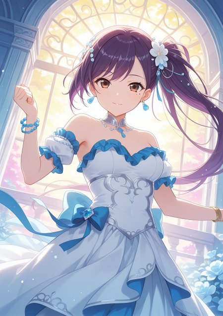 <lora:Liu_IL:1>, purple hair, long hair, side ponytail, bangs, brown eyes, hair ornament, ribbon, mole, mole under eye, jewelry, dress, purple hair, earrings, bracelet, breasts, hair ornament, strapless, scrunchie, frills, strapless dress,,, BREAK
masterpiece, best quality, amazing quality, very aesthetic, absurdres, newest, 
 <lora:Eyes_High_Definition:0.6>, eyesHD, high gradient eyes, detailed eyes, high definition eyes, 
<lora:LECO_Particles:1>, 
BREAK, general, dutch angle, from front,, light smile, dynamic pose,