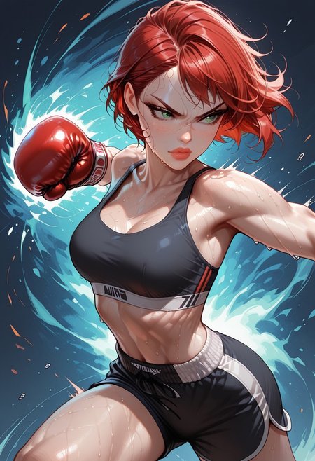 masterpiece, best quality, 32k, high resolution, absurdres,Jednvvd, vivid colors, geometric fragments, abstract patterns, 1girl, Jane, JaneRH, short red hair, swept hair, fit, medium breasts, green eyes, beautiful lips, little freckles, toned, dynamic pose, aesthetic, dynamic pose, kick boxing, sports bra, shorts, boxing gloves, punching, sweaty, badass expression,
