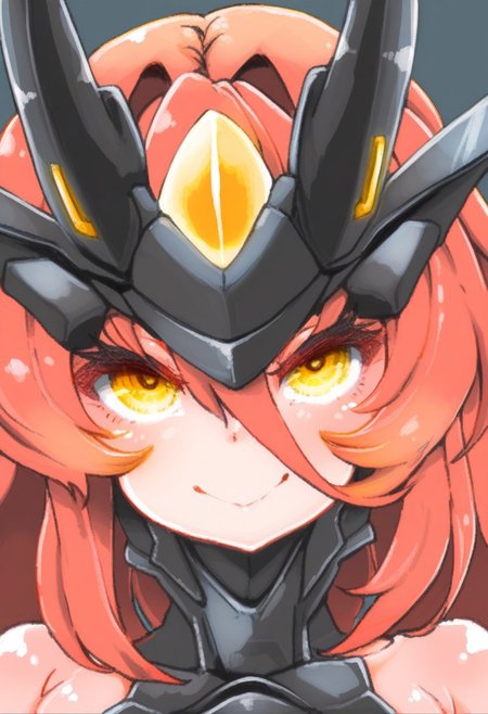 REVAN_STL, hi res,,masterpiece,best quality,amazing quality, highres, yellow eyes, smile, long hair, looking at viewer, 1girl, hair between eyes, simple background, closed mouth, portrait, horns, mecha horns, neon horns,