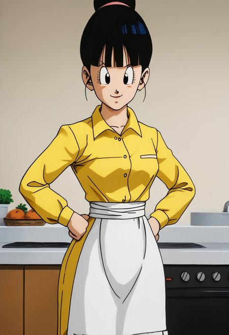 708, score_9, score_8_up, score_7_up, score_6_up, score_5_up, score_4_up, uncensored, 3D, blender, BREAK, chichi from dragon ball z, 
, shiny skin, detailed eyes, (bubble butt), wide hips, thick thighs, hyper hips, small breasts,pery breasts, gigantic ass, voluptuous, venus body, kitchen, quarter angle view, thin waist, slim waist,, smug, , Yelftea style, light green shirt, white apron, yellow gloves