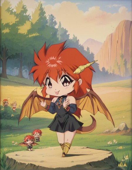 score_9, score_8_up, score_7_up,
m1nk, long black dress,
dragon wings, dragon tail,
happy, cute, ((chibi)), tongue out,
detailed background,outdoors,
retro artstyle, 1990s \(style\)
 <lora:mink:1>