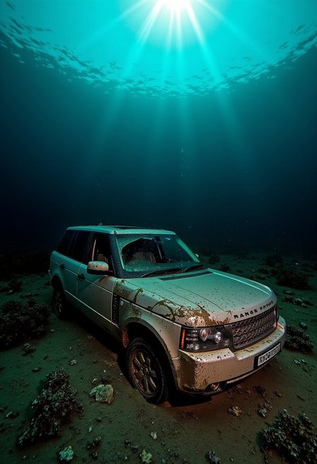 A hyper-detailed underwater scene depicting a Range Rover L322 abandoned and resting at a significant depth on the ocean floor. The dark, shadowy expanse is illuminated by ethereal beams of sunlight filtering weakly through the water from the surface above, casting a surreal interplay of light and shadow over the wreck. The vehicle lies motionless, its once-rugged exterior now severely corroded, covered in patches of rust, algae, and marine encrustations. The body is heavily deformed, with dents, broken windows, and parts of the frame twisted from years of underwater decay.
The headlights emit a faint, eerie glow, their dim light barely penetrating the surrounding murk, the only sign of lingering power within the lifeless vehicle. Small particles of sediment float in the water, stirred slightly by the faint ocean currents. The Range Rover’s silhouette is haunting, blending into the surrounding shadows while still holding an unmistakable presence.
The seabed around the car is rugged, dotted with jagged rocks, coral formations, and patches of sand partially burying the tires. Small schools of fish swim cautiously around the wreck, occasionally darting through the vehicle’s broken windows. Long-forgotten, the Range Rover has become a relic of both human technology and nature’s reclaiming force, exuding an eerie yet strangely beautiful stillness in the mysterious depths of the ocean. detailifier