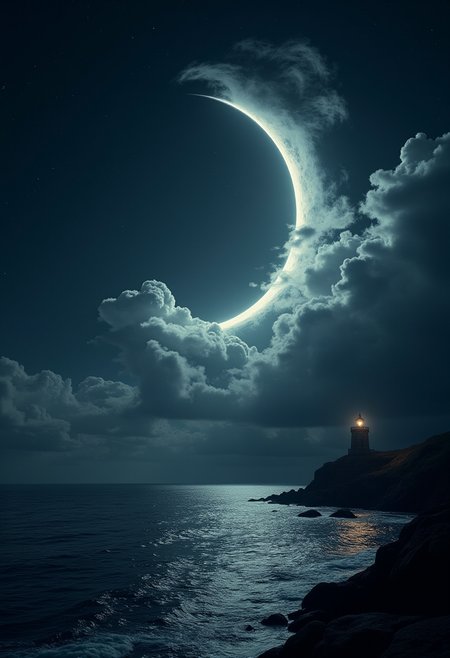 A masterpiece of wane style created by the collaboration of H.R. Giger and Friedrich Stuhl.    In this photo, the concept of "wane" is depicted through a striking and ethereal scene. The foreground showcases a crescent moon that appears almost like a thin sliver in the night sky, emphasizing its waning phase. Surrounding the moon are wispy clouds that seem to emanate from it, as if the moon is exhaling a gentle, glowing mist.In the background, a vast expanse of darkened clouds rolls over a tranquil sea, with only a few stars twinkling intermittently. The water reflects the diminishing light of the waning moon, creating ripples and waves that shimmer faintly under the remaining lunar glow. A lone, ancient lighthouse stands on a rocky promontory, its beacon still flickering, casting long shadows over the tranquil waters.The overall atmosphere is one of quiet beauty and a sense of something fading away, encapsulating the essence of "wane" in both its literal astronomical meaning and a broader metaphorical sense.    HD32K, hyperdetailed, best quality, midjourneyv6.1.