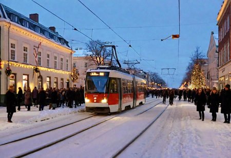 Copenhagen downtown in winter, christmas, people, tram, snowy, dusk, crowd, raw style, wide shot