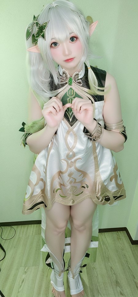 (photo realistic:1.35),(ulzzang-6500:0.65), masterpiece, best quality, detailed, pointy_ears, elf, 1girl, solo, hair_ornament, green_eyes, long_hair,bandages, stretched limb, the hand \(stand\), looking at viewer,