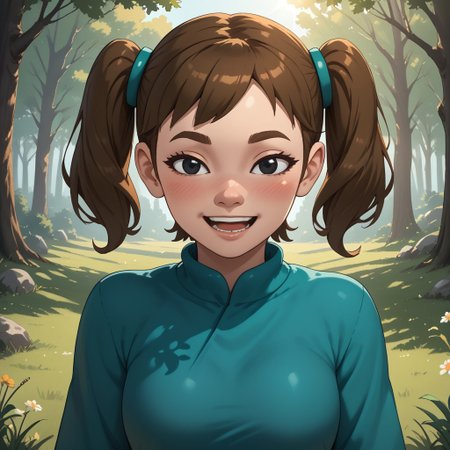 score_9, score_8, BREAK, solo, Mii, Wii, Black Eyes, Half circle eyebrows, big nose, half circle nose, blush, white skin, open mouth, green-ish brown hair, twintails, dark green clothing, 1girl, female mii, Wii Sports Resort, black pants, shoes, cute, medium breasts, Midori_(\Wii_Sports_Resort\), teeth, Nintendo Mii, modern_mii, classic_mii, sexy pose, self portrait, smile, outdoors, sunlight, shadows, evening lighting, natural lighting, forest, trees, grass, orange sky, sunset