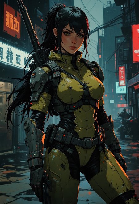 magnificent, closeup portrait, female bounty hunter, braided black hair, futuristic armor, halo spartan, spartan armor, sexy, curvy, large breasts, large ass, guns, gun, gun on back, gun in hand, Cyberpunk City, Neon Lights, foreshortening,
looking at viewer, solo, 
Cowboy Shot, close up, from above,
