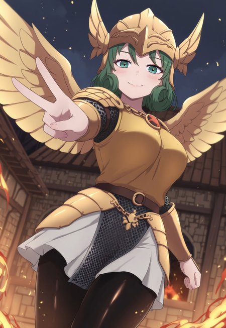 Kamuoo, masterpiece, ultra-detailed, dynamic scene, depth of field, dutch angle, cowboy shot, 1girl, solo, a woman warrior, golden winged helmet, green eyes, curly hair, chain mail armor, puffy tunic, leather leggings, tilted head, smile, making a V sign with her hand, a burning medieval village of thatched roofs in the background, dynamic lighting from the fire, dynamic composition <lora:Kamuo:1>