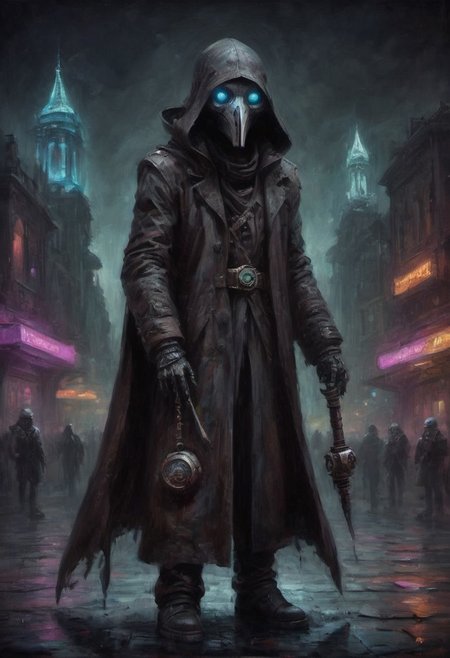 drkkaw, award winning painting of a futuristic dark plague doctor, dystopian cyberpunk city, high quality macro photo, 10k high resolution, vibrant colors, 4k high resolution, high quality macro photo