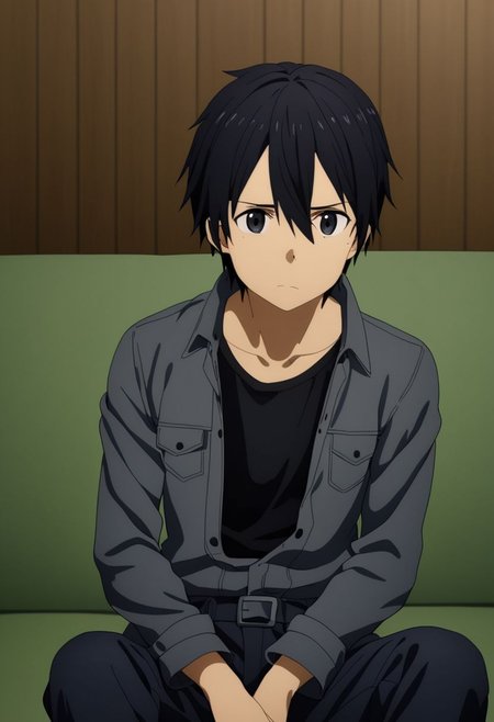 high resolution, professional photography, best quality, 1Boy, Kirigaya Kazuto, Black Hair, Black Eyes, overalldetail, lovely, deep talk, helpless. sit, couch