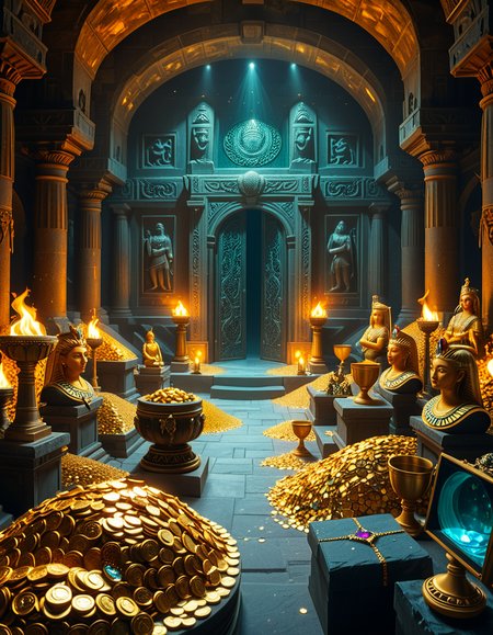 A hidden treasure chamber deep within an ancient temple, illuminated by the warm golden glow of torches and mystical blue light from enchanted crystals. The room is filled with piles of gold coins, jewel-encrusted goblets, and ancient artifacts covered in dust. Massive stone statues of forgotten deities guard the chamber, their eyes glowing faintly as if watching intruders. In the center, a grand pedestal holds a legendary artifactâan ornate golden crown encrusted with emeralds and sapphires, shimmering with an otherworldly aura. The walls are adorned with intricate carvings depicting lost civilizations, and creeping vines hint at centuries of abandonment. The atmosphere is mystical and slightly eerie, with a sense of both wonder and danger. The air is thick with the scent of aged parchment and burning incense, adding to the chamberâs ancient and mysterious feel. Cinematic lighting with dramatic shadows enhances the depth and richness of the scene, creating a visually stunning and immersive environment.
<lora:SDXLFaeTastic2400:0.4> <lora:extremely_detailed:0.4> extremely detailed, <lora:treasure_ch4mb3r:1>,treasure ch4mb3r, Masterpiece,best quality,hi res,8k,hi res,8k,award winning,(sharp focus, intricate, highly detailed),
