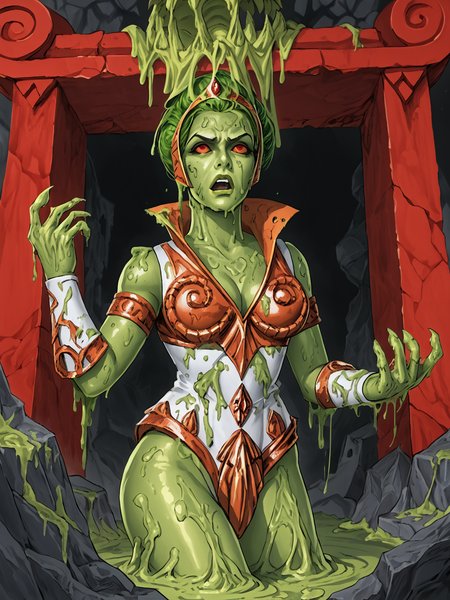 score_9, score_8_up, score_7_up,  <lora:10_motu_slime_pit:1> sl1m3 p1t, red pillars, (sl1im3 z0mbi3, evil, transformed, sl1m3 covered body:1), red eyes, red sclera, cavern,female focus, completely covered in slime, <lora:TeelaQuiron_character:1>1girl, solo,  teelaquiron, teelahemanquiron,  white eyes, empty eyes, open mouth, armor, cleavage, eyes looking up, angry, zombie walk, slime clothes, green skin