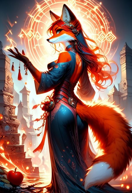 score_9, score_8_up, score_7_up, dancing dynamic pose,large breasts, slim waist, red hair, solo, anthro,fox,female,foxfolk,(red and orange fur, thick fur:1.3, extreamly detailed fur, soft fur), slim waist, peach ass, sorceress, cleavage cut out, magical robes,Glowing runes on robes, Glowing Runes ,Glowing Rune Circle,  dynamic angle from back, looking back at viewer,full body image,magical athmosphere, realisitc,