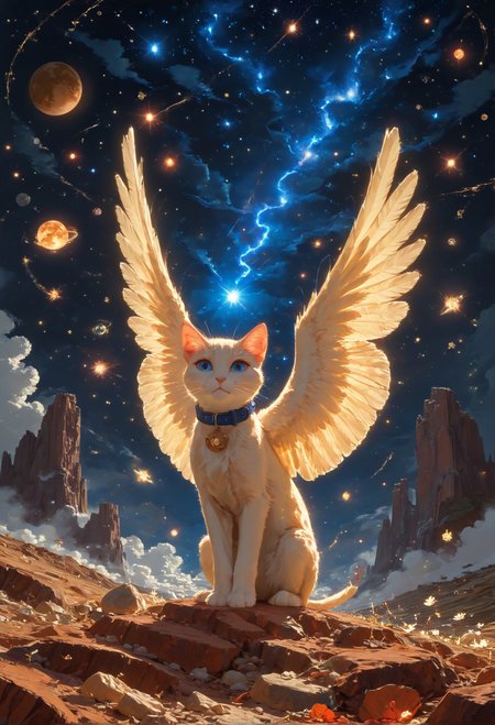 detailed background,Cinematic Lighting,film grain,score_9,score_8_up,score_7_up,zPDXL2,masterpiece,best quality,highly detailed,glowing,hand person,Expressiveh, <lora:(增强)sdxl_lightning_8step_lora:1>,<lora:glowneon_xl_v1:1>, <lora:(增强)Hands XL 4:1>,<lora:(增强)Expressive_H-000001:0.8>, <lora:Vixon\Vixon's Pony Styles Astro:0.8> , looking at viewer, blue eyes, jewelry, wings, sky, collar, no humans, animal, cat, star \(sky\), feathered wings, starry sky, angel wings, white wings, space, animal focus, planet, earth \(planet\), 4str0,