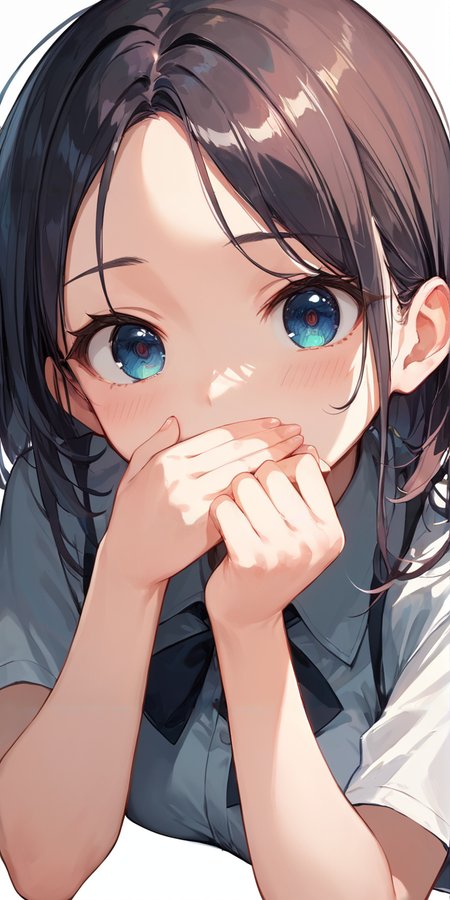 score_9, score_8_up, score_7_up,source_anime, high res image,masterpiece,best quality,break,
girl,cute face,clear skin,shiny hair,ultra detailed eyes,simple background, 
 <lora:hand over own mouth_pony_V1.0:1> hand over own mouth, covering own mouth