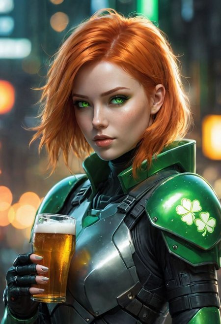 irish woman, orange hair, green eyes, blurry, cyber fighter, cyberpunk district, lips, nose, realistic, science fiction, solo, full body, drinking beer, minimal armor, glowing green light armor, Clover symbol, mean human shape, bokeh blur, Cinematographic lighting