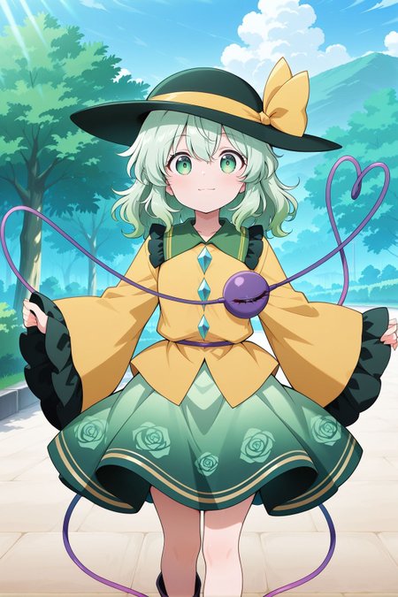 absurdres, highres, masterpiece, best quality, amazing quality, official anime artwork, screencap, anime screencap, outdoors, looking at viewer, light smile, dynamic pose, standing,
 <lora:Komeiji-Koishi_IllustriousV2:1> komeiji koishi, 1girl, solo, green eyes, green hair, medium hair, third eye, heart of string,, green hat, hat ribbon, yellow ribbon, frilled shirt collar, yellow shirt, long sleeves, wide sleeves, diamond button, rose print, green skirt, black boots,