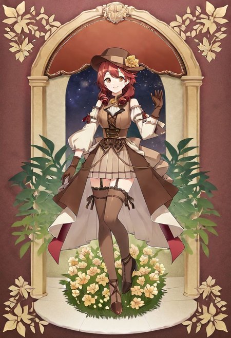 1girl, solo, brown hair, brown eyes, smile, gloves, flower, ,a female anime character with red hair,, 1girl, , brown hair, hat,brown eyes, smile, gloves, flower,fullbody